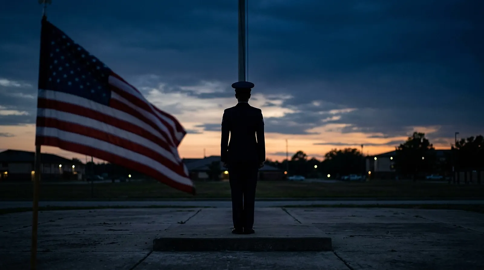 Illustrative image of a service member in dress uniform standing before a flag at dusk