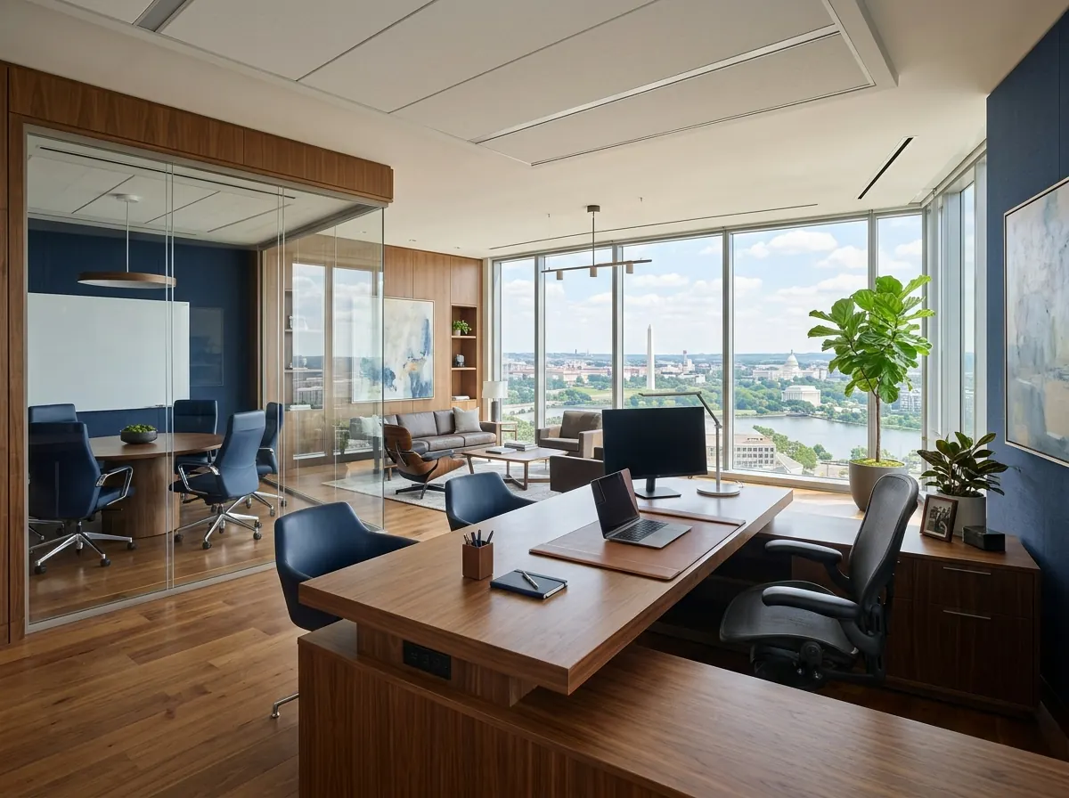 Illustrative image of an executive commercial office suite overlooking the city