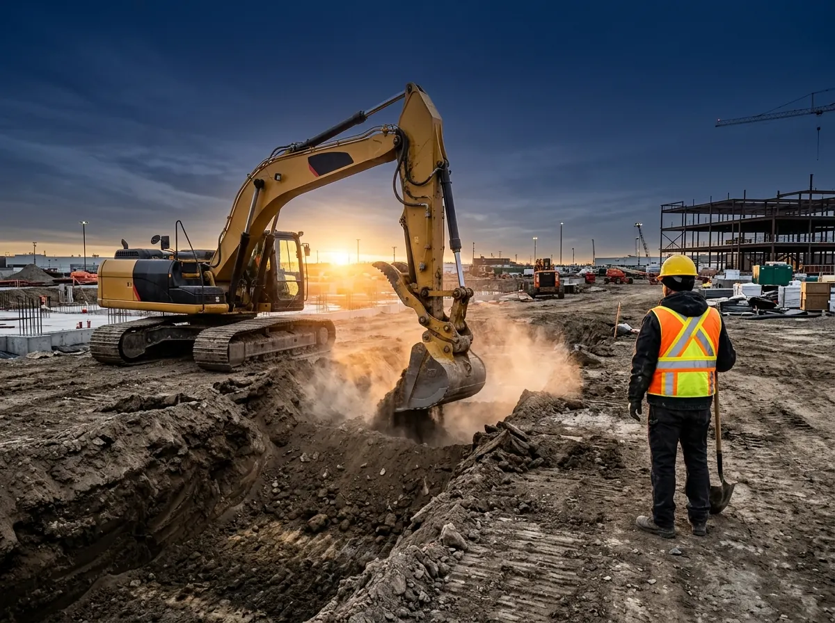 Illustrative image of an excavator digging a foundation trench