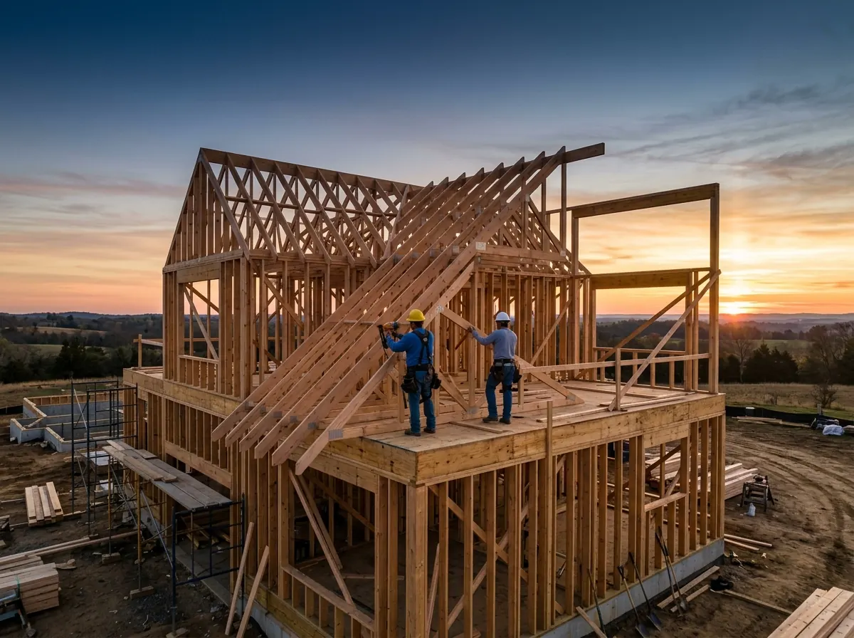 Illustrative image of a wood-framed building at sunrise