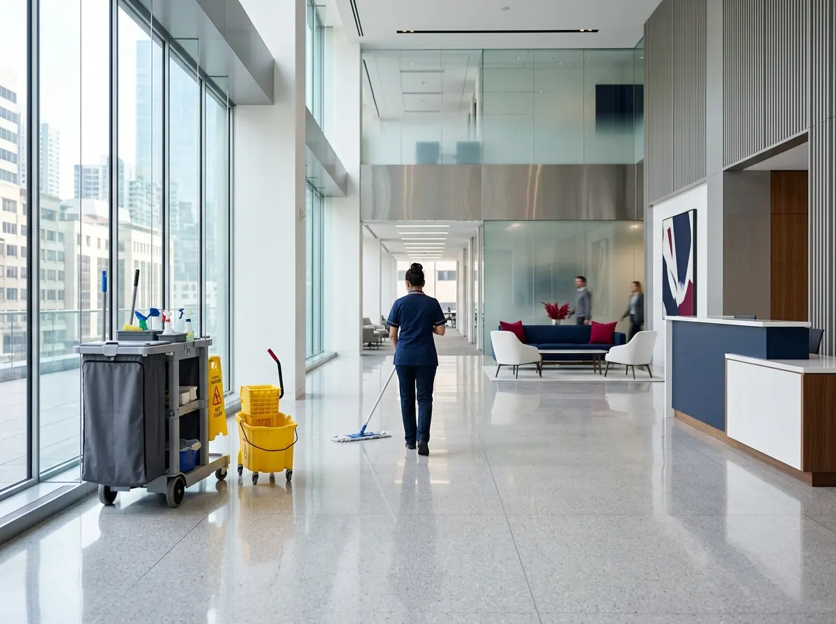 Illustrative image of a clean modern office lobby with a janitorial cart