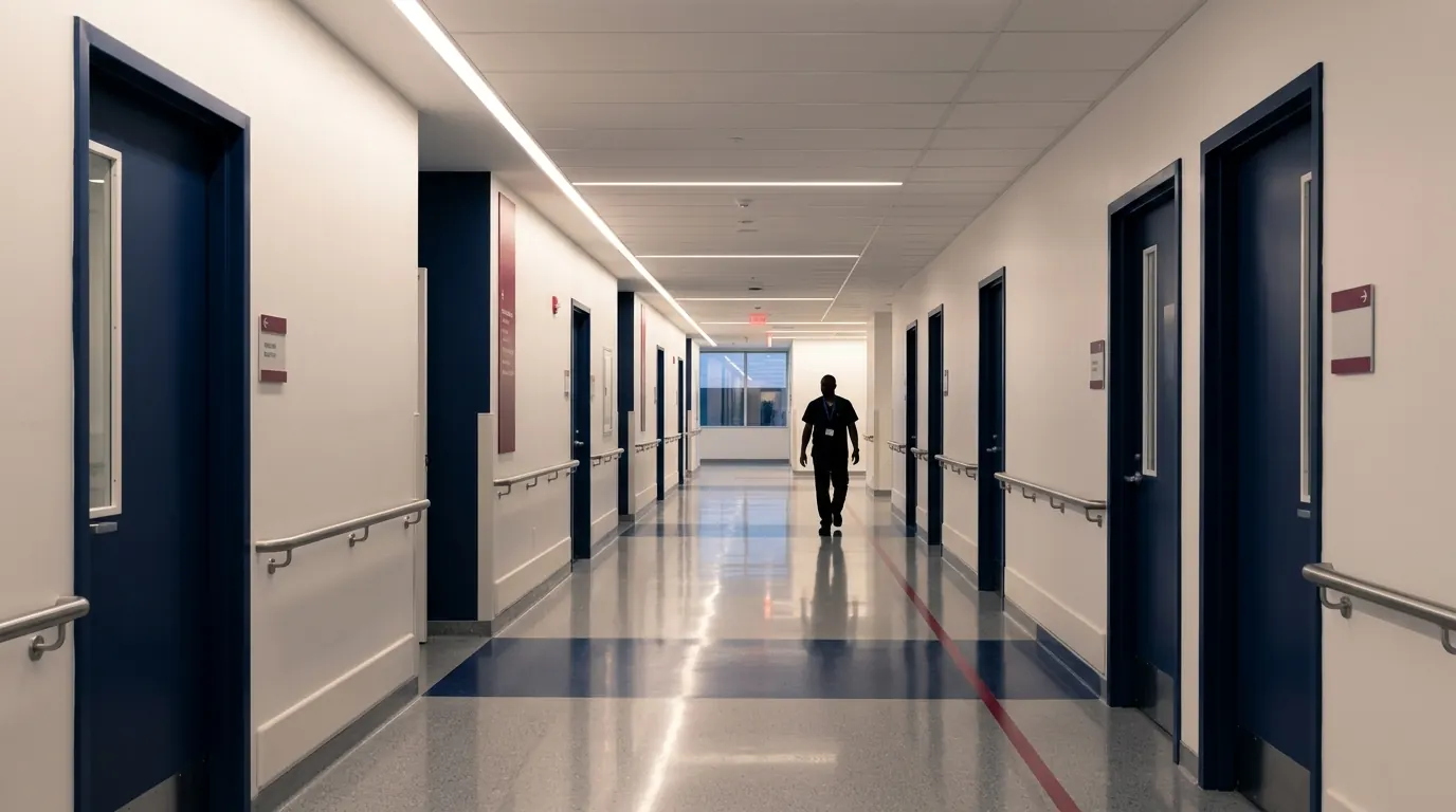 Illustrative image of a modern hospital corridor