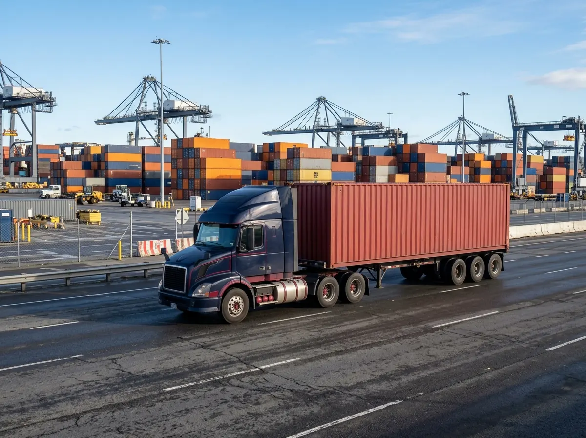 Illustrative image of a truck hauling a shipping container from a port terminal