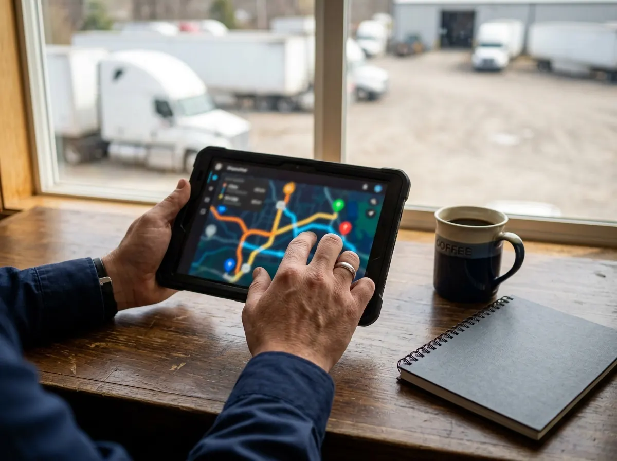 Illustrative image of a dispatcher using a route-tracking tablet