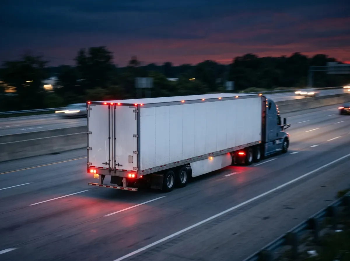 Illustrative image of a tractor-trailer on an interstate at dusk
